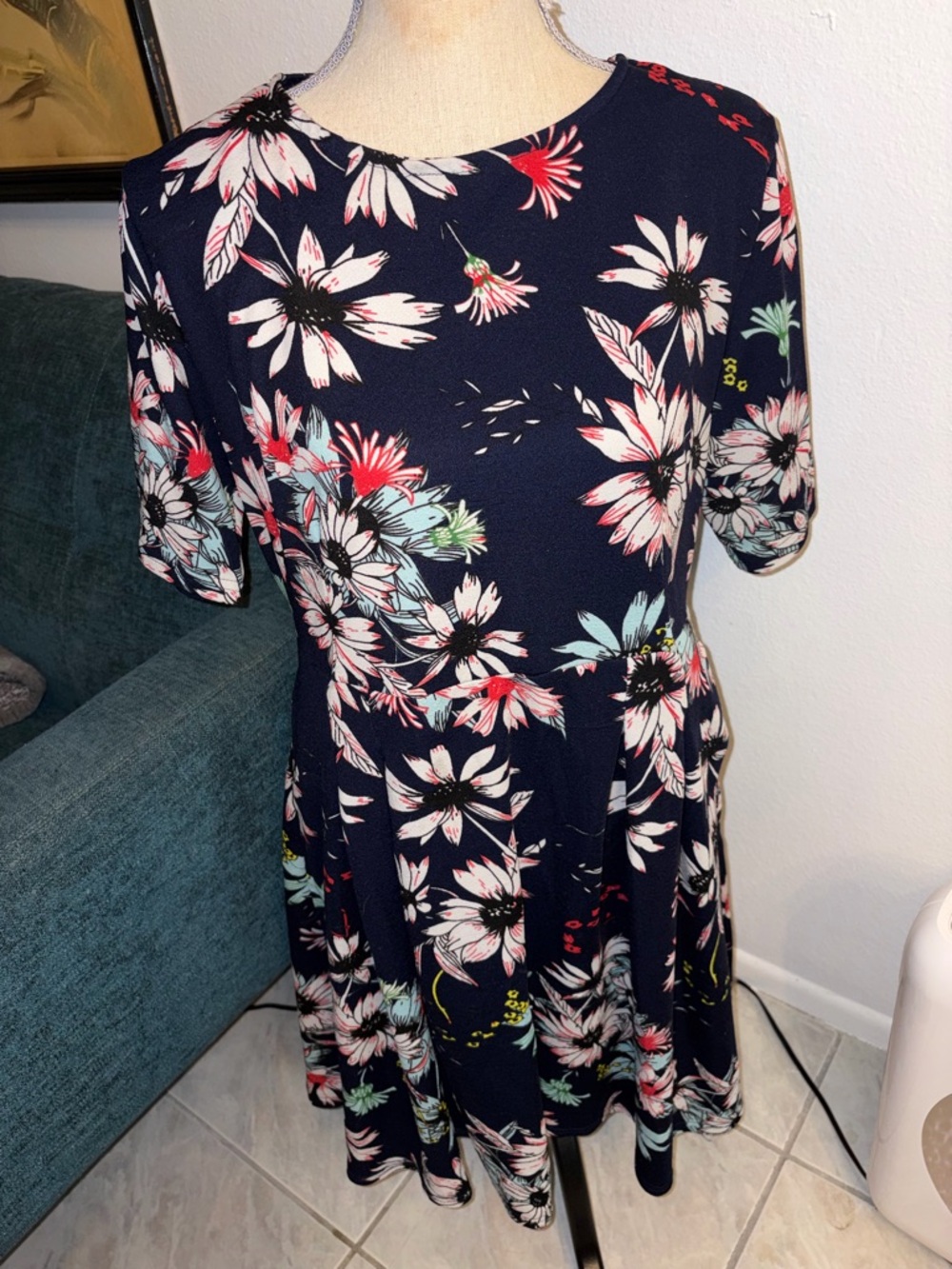 Women’s Oxiuly Fashion XXL Blue Floral Dress with Sleeves